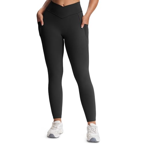 Aoxjox Trinity High Waisted Yoga Pants with Pockets for Women Tummy Control Cross-Waist Buttery Soft Workout Leggings 26" (Black V-Waist, Medium) - Image 1