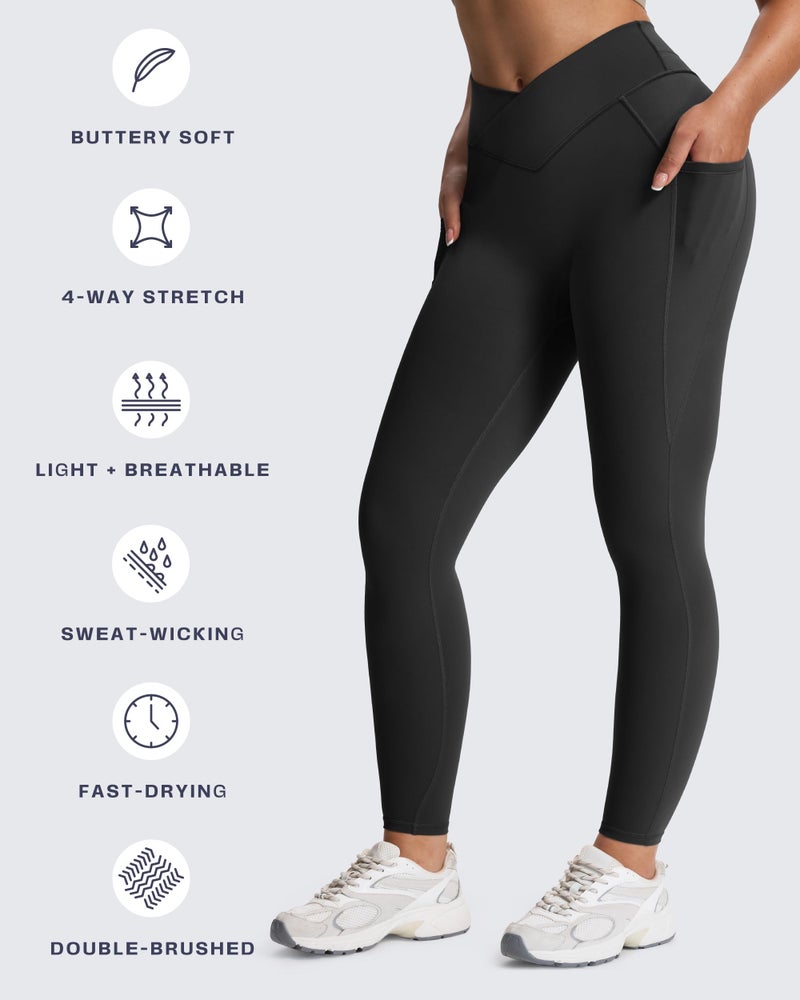Aoxjox Trinity High Waisted Yoga Pants with Pockets for Women Tummy Control Cross-Waist Buttery Soft Workout Leggings 26" (Black V-Waist, Medium) - Image 5