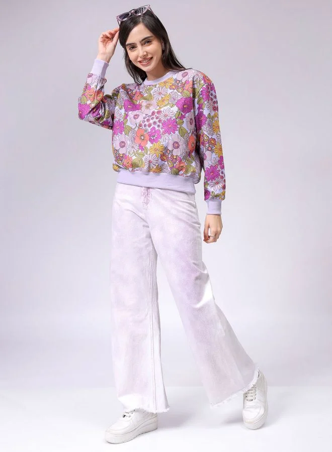 مرفوعة Women Relaxed Fit Floral Print Crewneck Sweatshirt