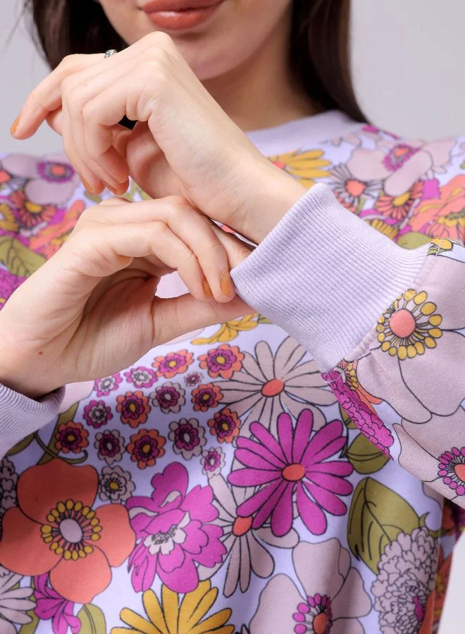 مرفوعة Women Relaxed Fit Floral Print Crewneck Sweatshirt