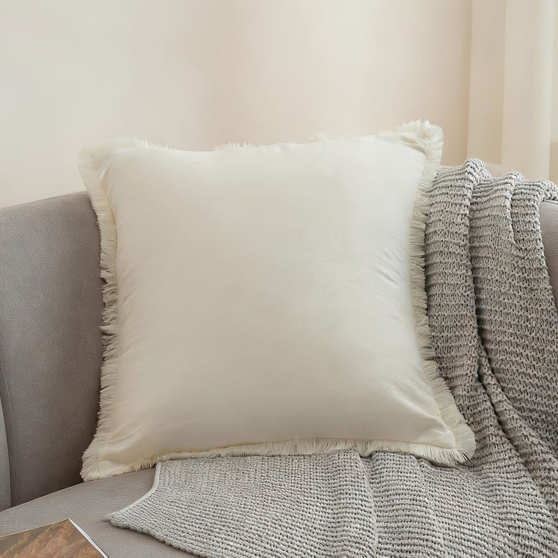 Beige Bohemian Decorative Pillow Set With Tassels 17.7x17.7 Inch Machine Washable - Image 1