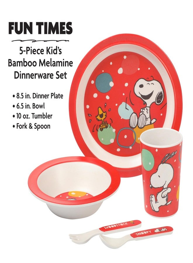 Peanuts Snoopy Fun Times 5-Piece Bamboo Melamine Dinnerware Set For Kids - Red - Image 2