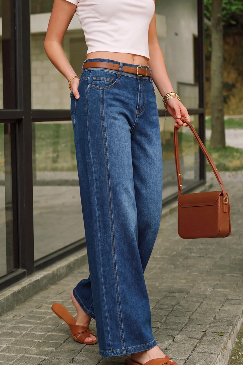 Arach&Cloz Wide Leg Jeans Woman Fashion Stretchy High Waisted Pants Loose Denim Straight Casual Trousers Sweatpant Jeans with Pockets Business Casual Teacher Outfits Regular Dark Blue L - Image 3