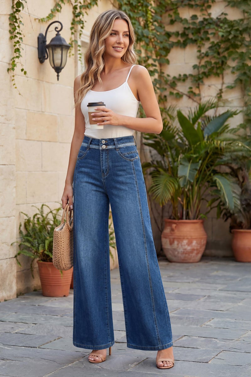 Arach&Cloz Wide Leg Jeans Woman Fashion Stretchy High Waisted Pants Loose Denim Straight Casual Trousers Sweatpant Jeans with Pockets Business Casual Teacher Outfits Regular Dark Blue L - Image 4