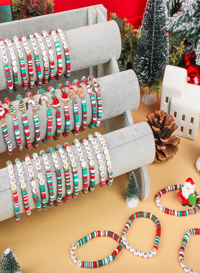 HEYTIMI 48 Pcs Christmas Bracelets Set for Womens, 12 Style Polymer Clay Beaded Bracelets Joy & Merry Reindeer Snowmen Gingerbread Y2K Stackable Stretch Friendship Holiday Bracelets Jewelry Gift - Image 4