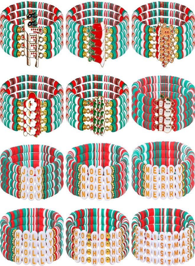 HEYTIMI 48 Pcs Christmas Bracelets Set for Womens, 12 Style Polymer Clay Beaded Bracelets Joy & Merry Reindeer Snowmen Gingerbread Y2K Stackable Stretch Friendship Holiday Bracelets Jewelry Gift - Image 1