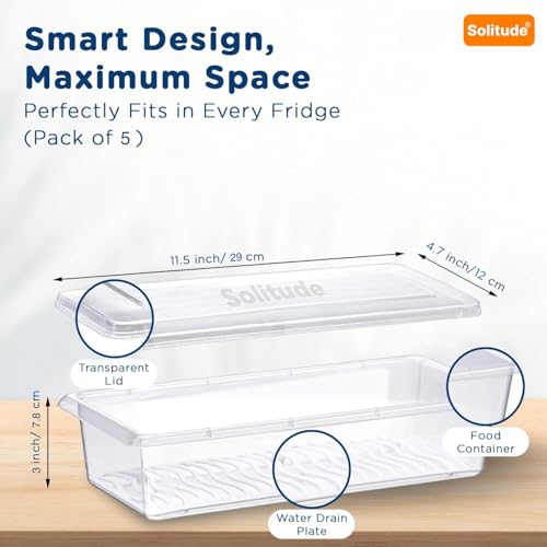 Solitude Food Storage Boxes Pack of 5, Fridge Organizer with Removable Drain Plate Fridge Storage Containers Keeps Fruits, Vegetables, Meat, Fish Fresh Longer 1500 ML Container Box - Image 5