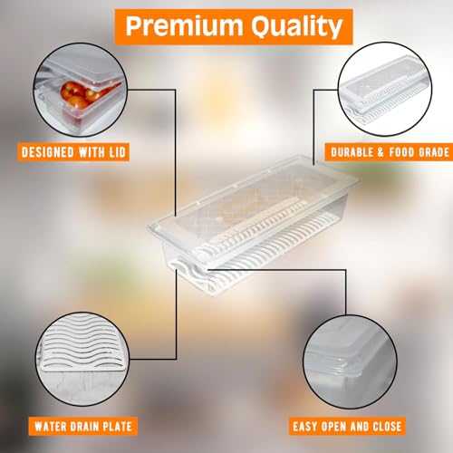 Solitude Food Storage Boxes Pack of 5, Fridge Organizer with Removable Drain Plate Fridge Storage Containers Keeps Fruits, Vegetables, Meat, Fish Fresh Longer 1500 ML Container Box - Image 3
