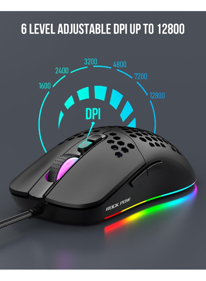 Rock Pow ROCK POW Honeycomb Gaming Mouse Ultralight High-Precision 12800 DPI Optical Sensor 6 Programmable Buttons  Ergonomic Wired RGB Gaming Mice for Mac, Laptop, Computer, PC Black - Image 2