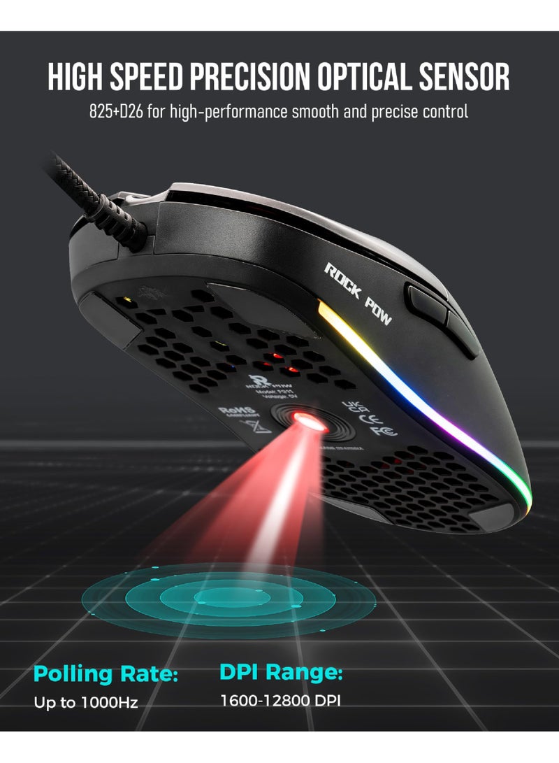 Rock Pow ROCK POW Honeycomb Gaming Mouse Ultralight High-Precision 12800 DPI Optical Sensor 6 Programmable Buttons  Ergonomic Wired RGB Gaming Mice for Mac, Laptop, Computer, PC Black - Image 5