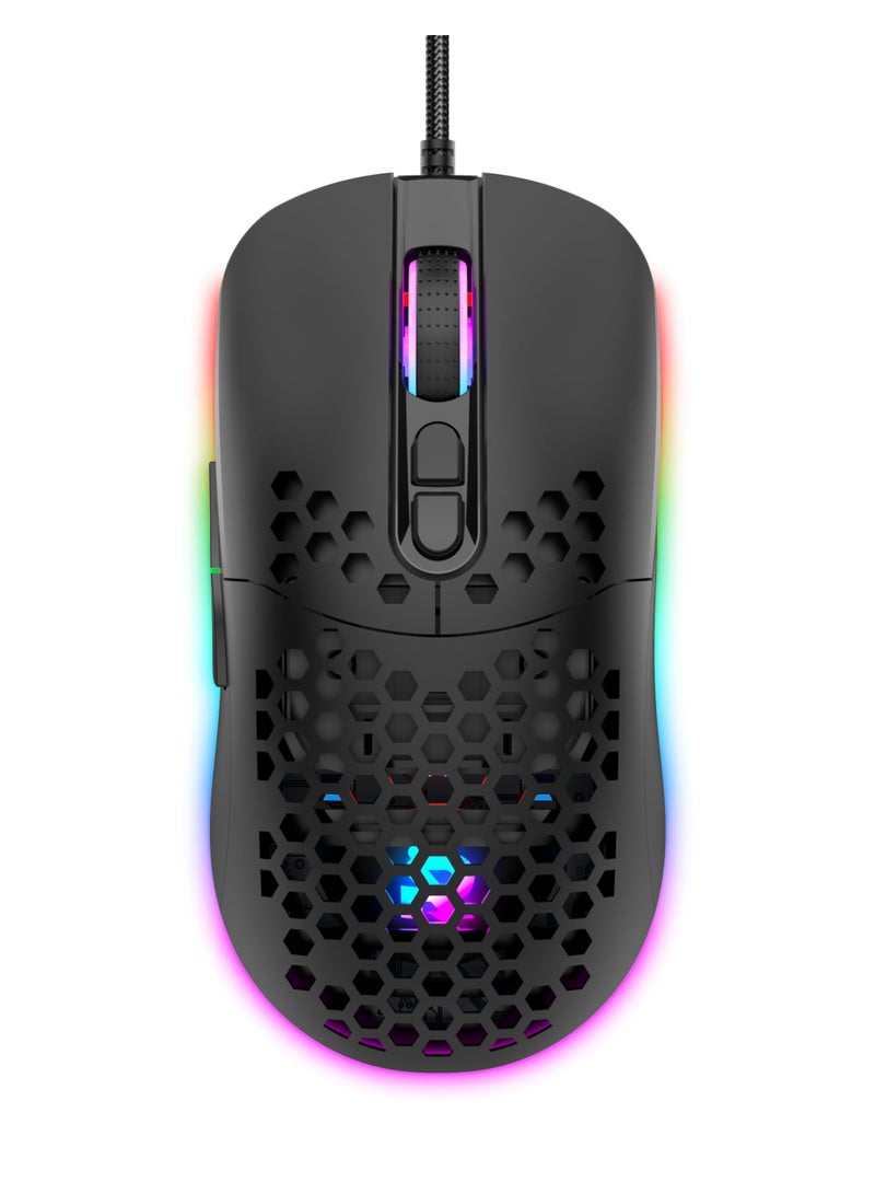 روك بو ROCK POW Honeycomb Gaming Mouse Ultralight عالية الدقة 12800 DPI مستشعر بصري 6 أزرار قابلة للبرمجة فئران الألعاب RGB السلكية Ergonomic لـ Mac ، الكمبيوتر المحمول ، الكمبيوتر ، الكمبيوتر الشخصي الأسود - Image 3