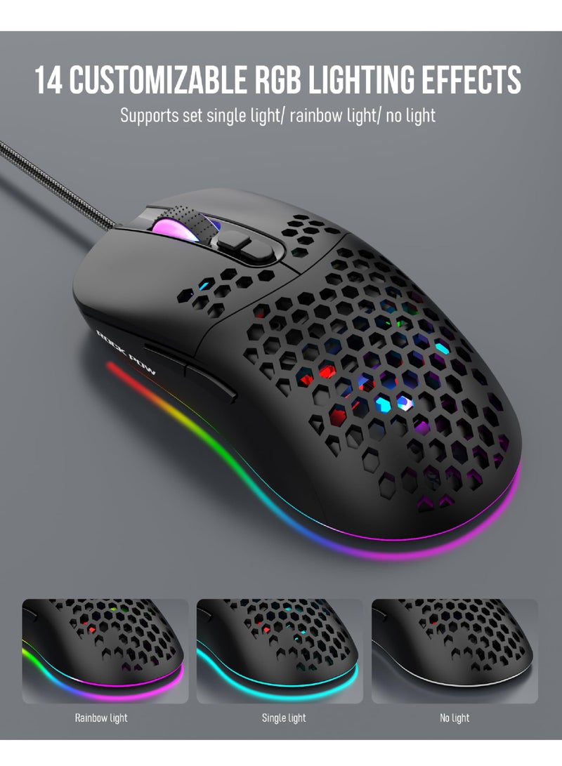 ROCK POW Honeycomb Gaming Mouse Ultralight High-Precision 12800 DPI Optical Sensor 6 Programmable Buttons  Ergonomic Wired RGB Gaming Mice for Mac, Laptop, Computer, PC Black - Image 2