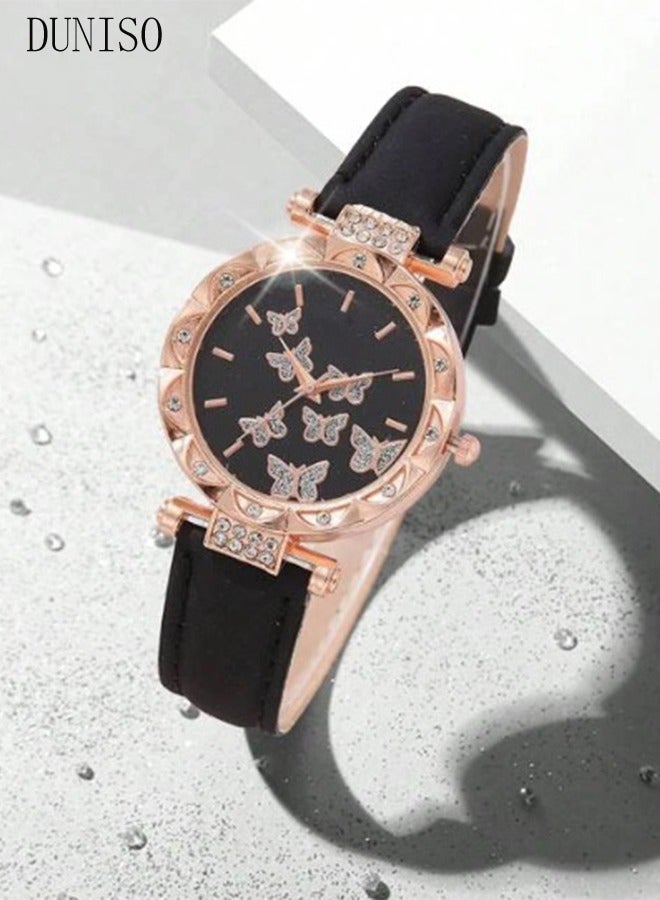 DUNISO مجموعة ساعات ومجوهرات 4 قطع، ساعة فراشة مع قلادة فراشة، أساور وأقراط، ساعات معصم، قلادة، أساور وأقراط لهدايا عيد ميلاد الفتيات (أسود) - Image 3