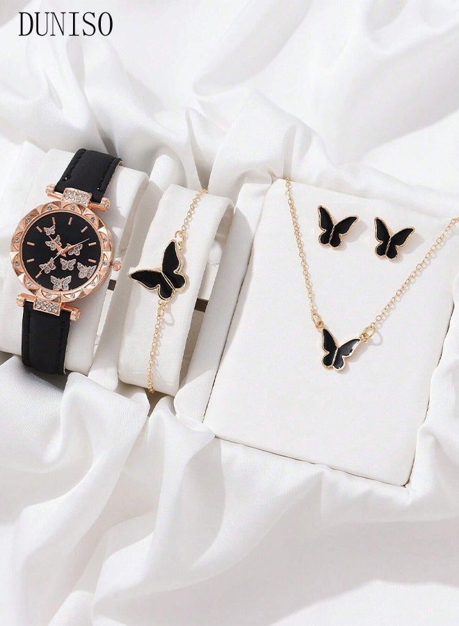 DUNISO مجموعة ساعات ومجوهرات 4 قطع، ساعة فراشة مع قلادة فراشة، أساور وأقراط، ساعات معصم، قلادة، أساور وأقراط لهدايا عيد ميلاد الفتيات (أسود) - Image 1