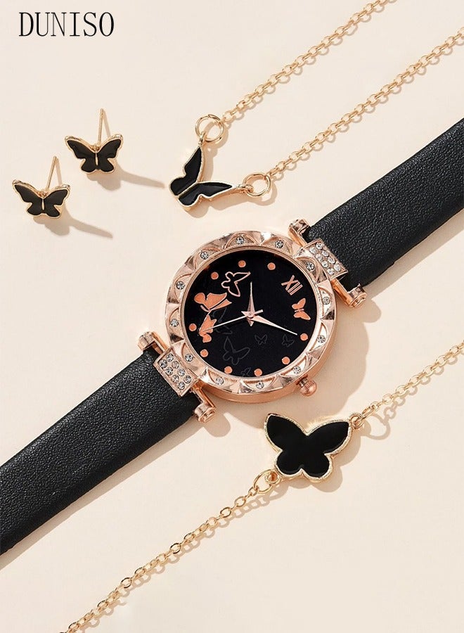 DUNISO مجموعة ساعات ومجوهرات 4 قطع، ساعة فراشة مع قلادة فراشة، أساور وأقراط، ساعات معصم، قلادة، أساور وأقراط لهدايا عيد ميلاد الفتيات (أسود) - Image 2