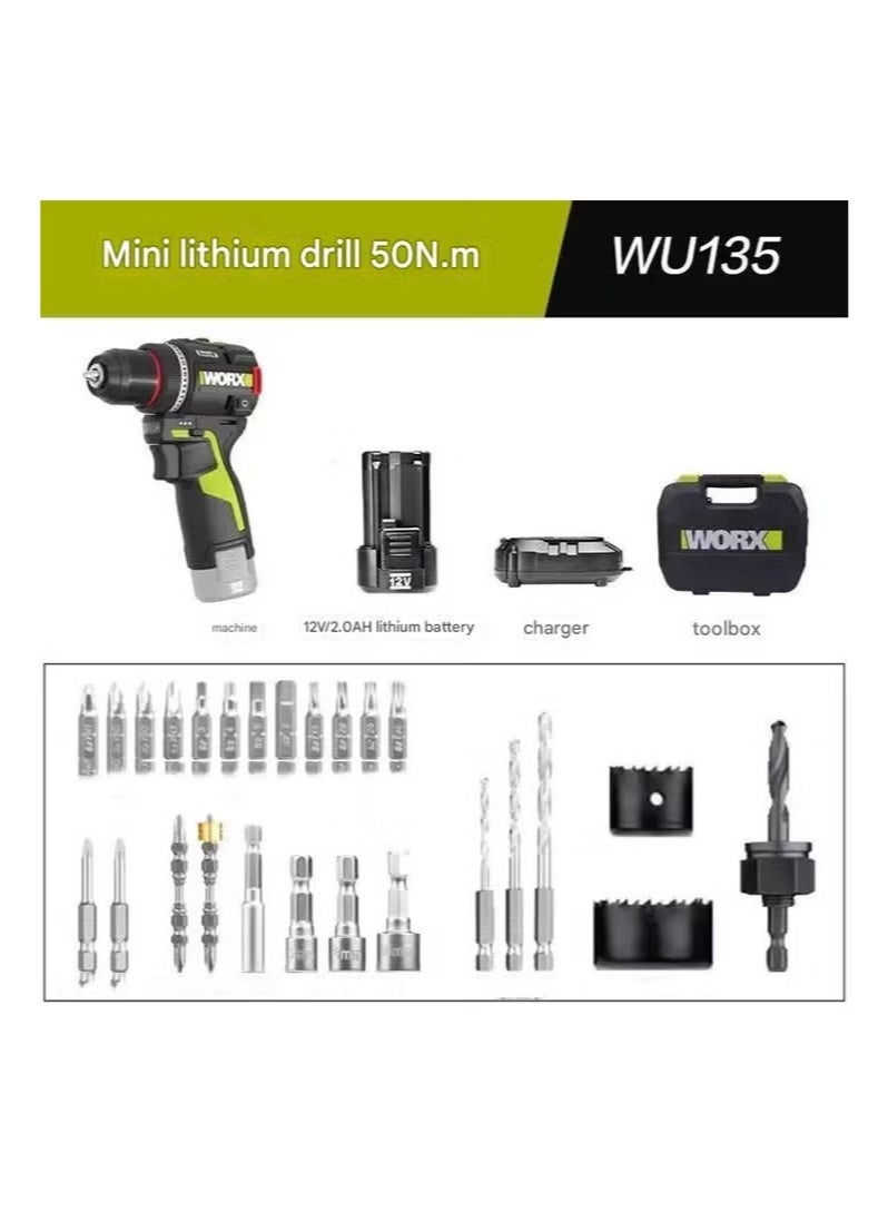 WORX WU135 Cordless Electric Drill 12V 50Nm 1800rpm Smart Clucth Auto Stop 2 Speed Adjust Metalworking Home Power Tools