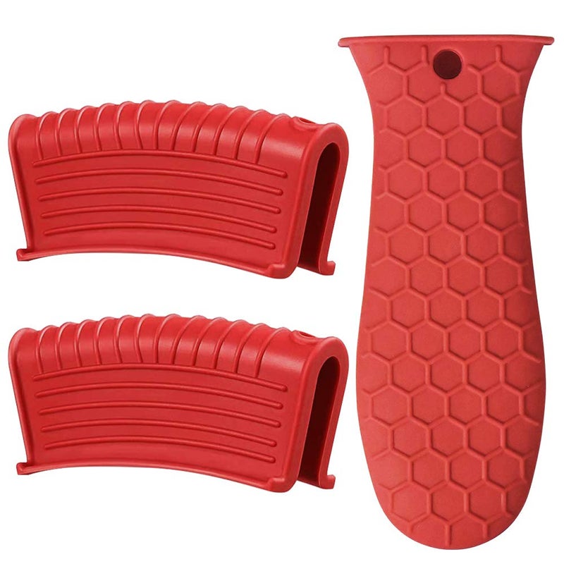 Silicone Hot Handle Holder 3 Pack Assist Pan Handle Sleeve Pot Holders Non Slip Rubber Pot Holders Cast Iron Skillets Handles Grip Covers for Cast Iron Skillets Frying Pans Griddles Cookware Red L