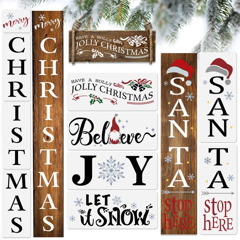 ALODNY 10PCS Christmas Stencils for Painting on Wood-Reusable Merry Christmas &Santa Stop Here Porch Sign Stencils-Believe/Let is Snow/Joy/Have a Holly Jolly Stencil- Large Christmas Stencils for DIY Crafts - Image 1
