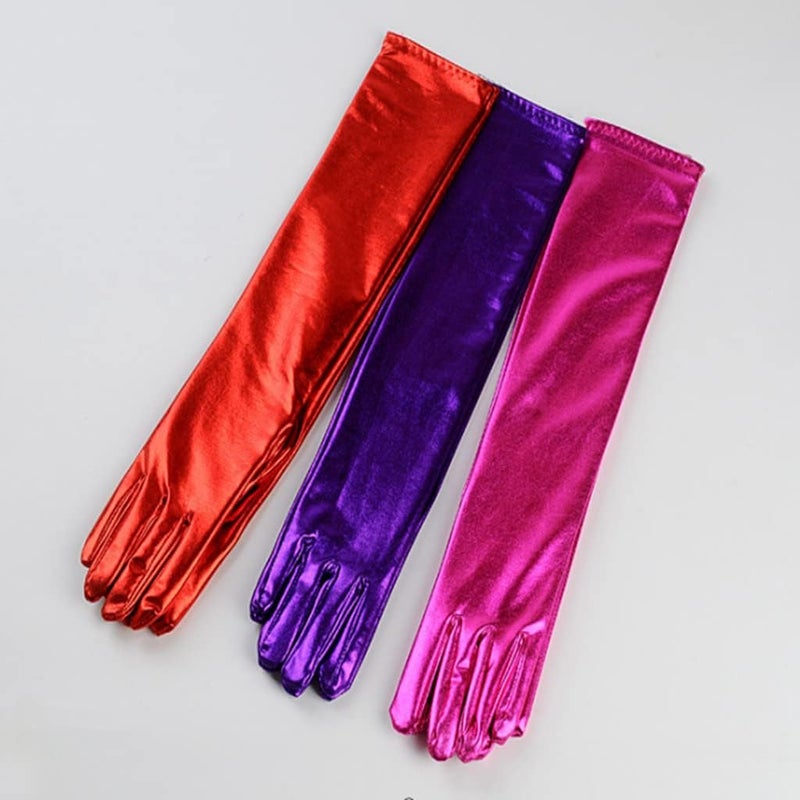 DreamHigh Women's 17" Long Metalic Satin Cosplay Finger Gloves - Image 3