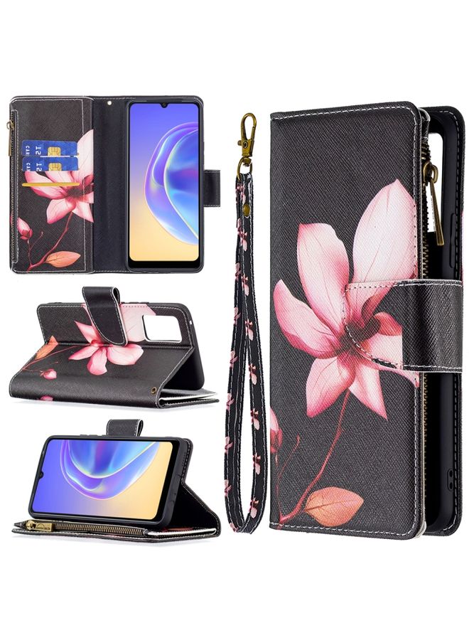 HuHa Case Cover For vivo V21e 4G Colored Drawing Pattern Zipper Horizontal Flip Leather Case with Holder & Card Slots & Wallet Lotus 