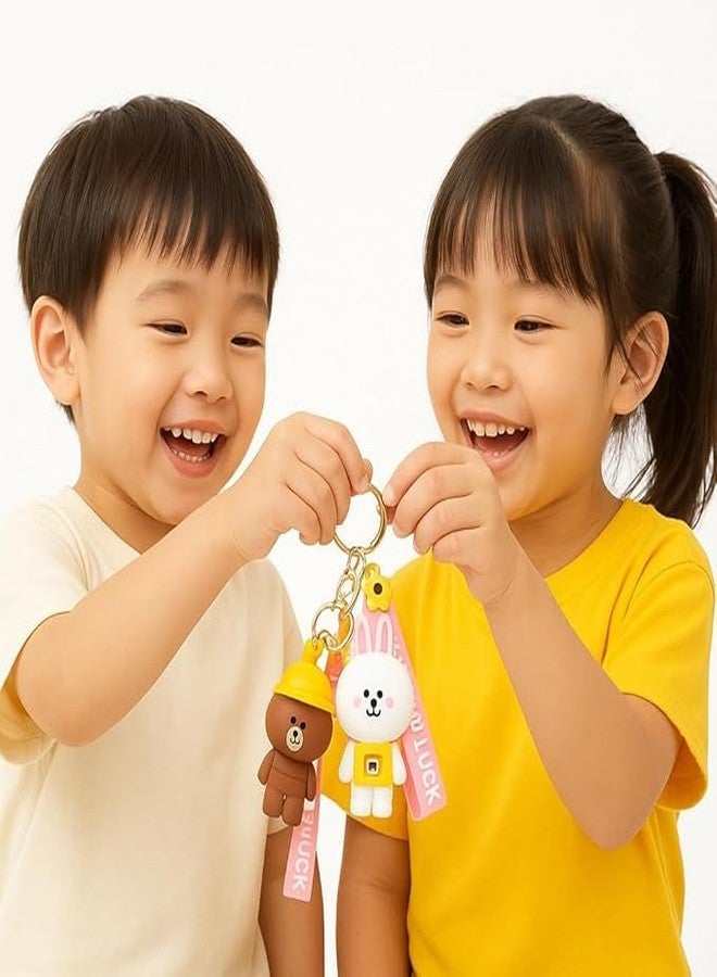 Funspark Cute Keychain Set of 4 - Brown Bear & Cony Rabbit with Good Luck Strap 2 Matching Cartoon Keychains + 2 Sticky Hooks Bag Charm, Purse, Car Key Ring, Gift for Kids & Adults - Image 3