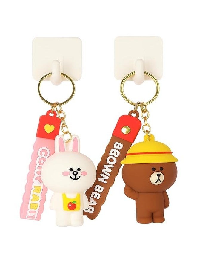Funspark Cute Keychain Set of 4 - Brown Bear & Cony Rabbit with Good Luck Strap 2 Matching Cartoon Keychains + 2 Sticky Hooks Bag Charm, Purse, Car Key Ring, Gift for Kids & Adults - Image 1
