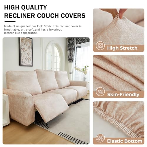 vctops Vintage Leather Look Stretch Recliner Sofa Covers 8Pieces Water Resistant Reclining Couch Covers Non Slip Sofa Slipcovers Soft Furniture Protector for Dogs Cats Beige3 Seater - Image 3