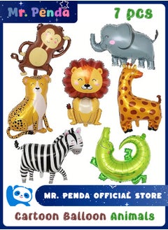Mr. Penda 7 Pieces Colorful Cartoon Animal Balloon Party Pack, Assorted Zoo Character Aluminum Film Balloons, Jungle Animal Ballons, For Birthday Party Sets, Mall Activities, Theme Party  - Image 1