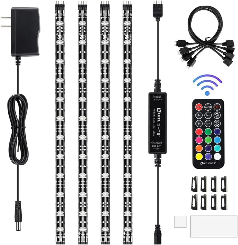 HitLights LED Strip Lights, 4 Pre-Cut Waterproof RGB Small LED Light Strip Kit Dimmable Color Changing SMD 5050 LED Tape Light with RF Remote, UL-Listed Power Supply and Connectors for TV Bedroom Home - Image 1
