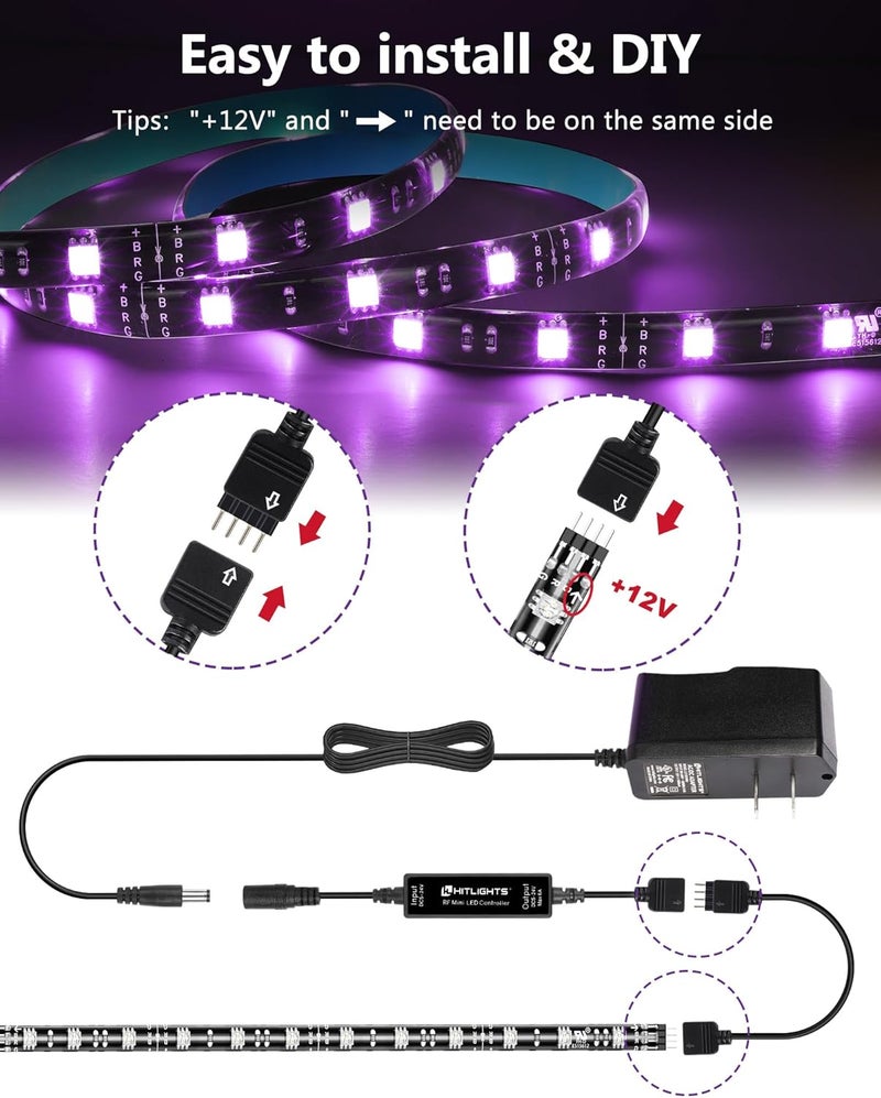 HitLights LED Strip Lights, 4 Pre-Cut Waterproof RGB Small LED Light Strip Kit Dimmable Color Changing SMD 5050 LED Tape Light with RF Remote, UL-Listed Power Supply and Connectors for TV Bedroom Home - Image 4