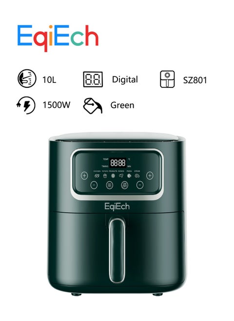 Air Fryer 10 Liter 1500 W ,Digital Touch Panel LCD Display Smart Air Fryer with 6  Presets Timer Automatic Power-Off Function and Non-Stick Dishwasher-Safe Parts, Green