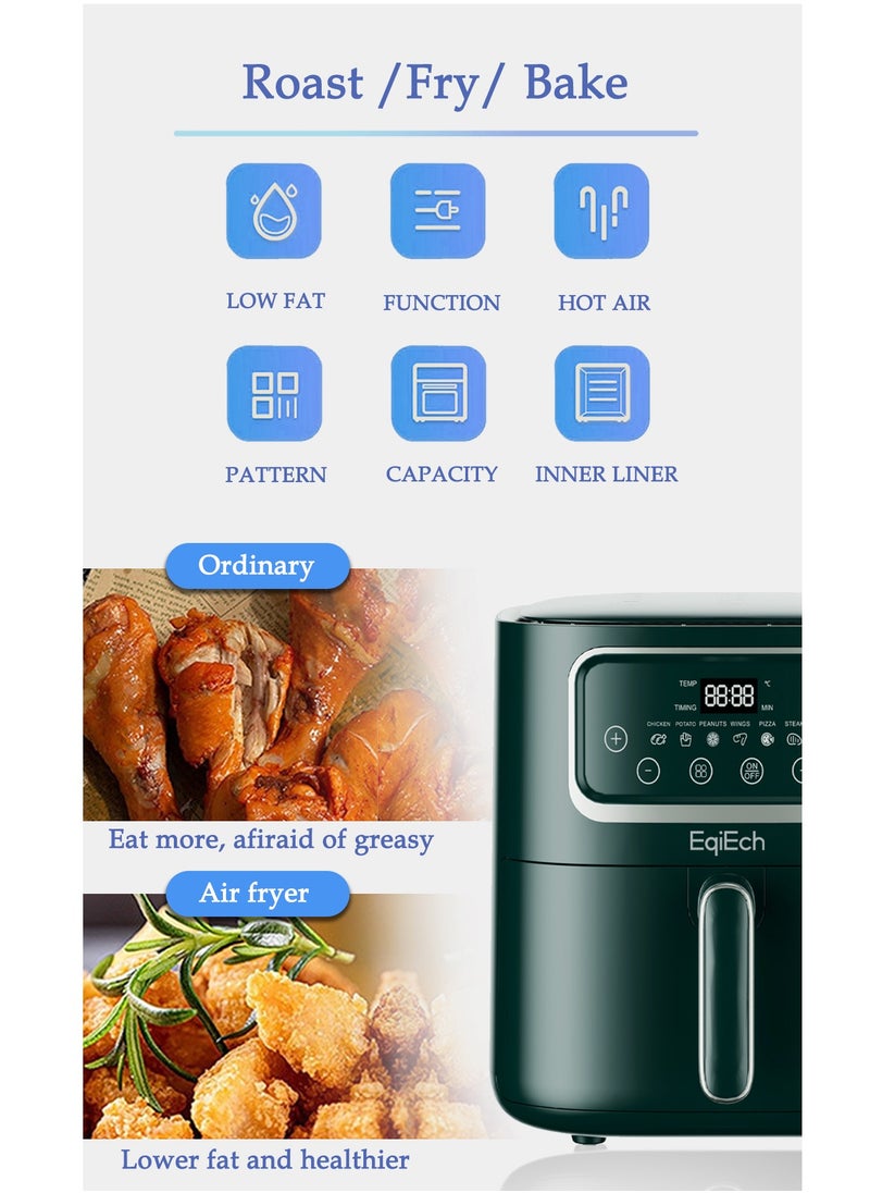 EqiEch - Air Fryer 10 Liter 1500 W ,Digital Touch Panel LCD Display Smart Air Fryer with 6  Presets Timer Automatic Power-Off Function and Non-Stick Dishwasher-Safe Parts, Green - Image 1
