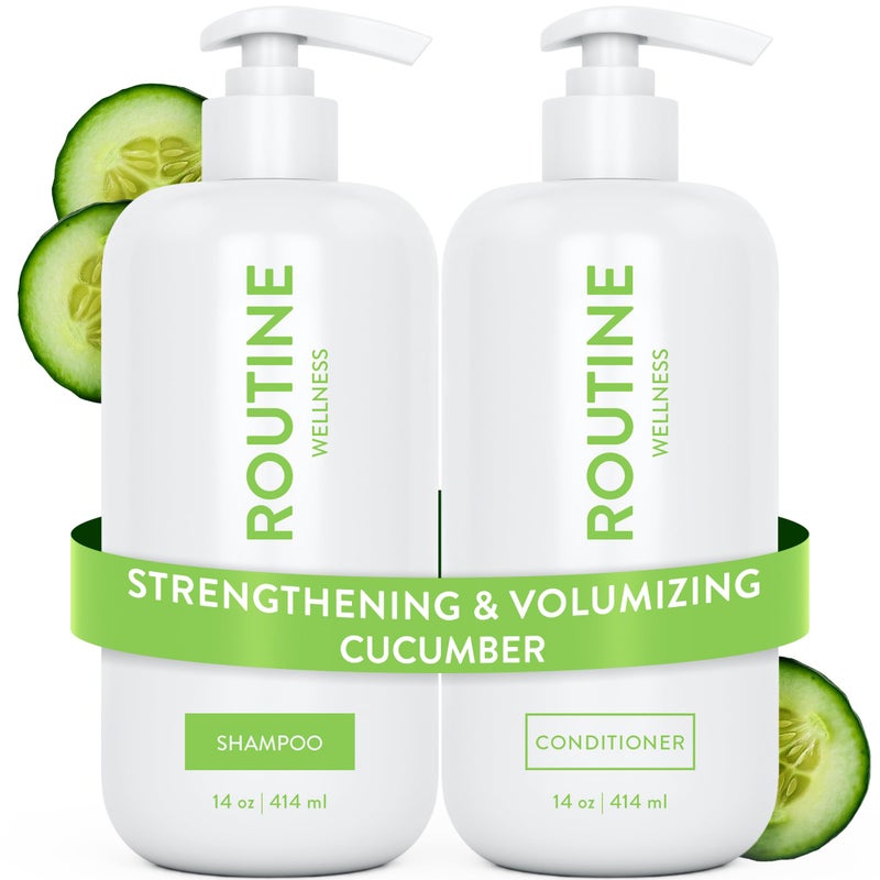 Routine Wellness Anti-Thinning Volumizing Shampoo and Conditioner Set for Thinning Hair to Reduce Breakage - CLINICALLY TESTED Formula with DHT Blockers Saw Palmetto, Nettle Oil - Cucumber Set - Image 1