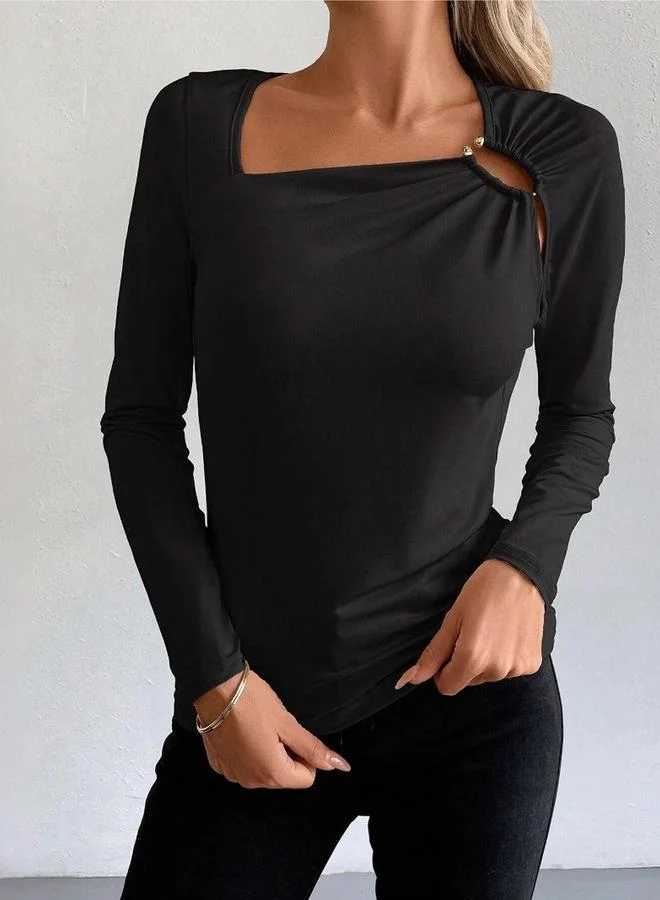 Take Two Women Black Long Sleeve Top with Ring Detail