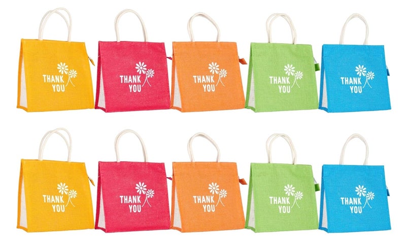 SOMAN Jute Ecofriendly Return Gift Bags Thankyou Printed Colorful bags with Zip Pack of 10 Bags - Image 1