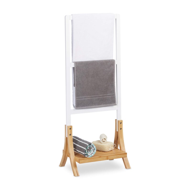 Relaxdays FreeStanding Bamboo Towel Holder HWD 104 x 41 x 285 cm 3 Rails and 1 Shelf Clothes Stand NaturalWhite