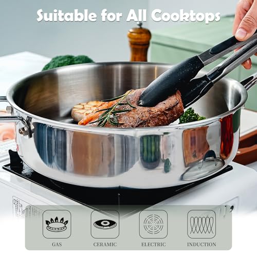 SLOTTET مقلاة سلوتيت ثلاثية الطبقات من الفولاذ المقاوم للصدأ مع غطاء، مقلاة عميقة سعة 5 لتر مع مقبض سيليكون مريح، مقلاة بقطر 11.5 بوصة، آمنة في غسالة الصحون والفرن، أواني طهي من الفولاذ المقاوم للصدأ مناسبة للحرارة induction. - Image 3