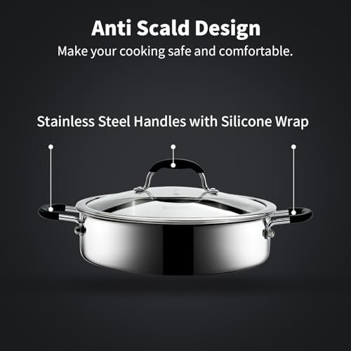 SLOTTET مقلاة سلوتيت ثلاثية الطبقات من الفولاذ المقاوم للصدأ مع غطاء، مقلاة عميقة سعة 5 لتر مع مقبض سيليكون مريح، مقلاة بقطر 11.5 بوصة، آمنة في غسالة الصحون والفرن، أواني طهي من الفولاذ المقاوم للصدأ مناسبة للحرارة induction. - Image 4