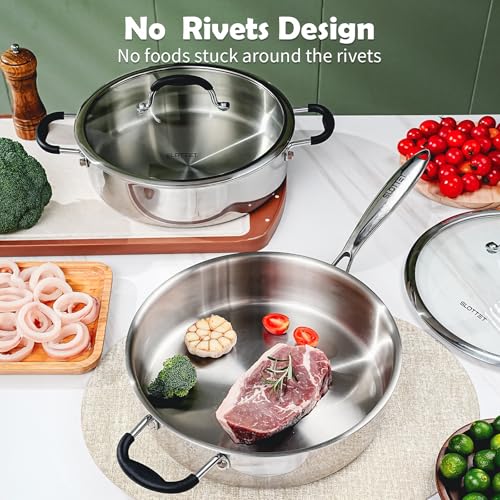 SLOTTET مقلاة سلوتيت ثلاثية الطبقات من الفولاذ المقاوم للصدأ مع غطاء، مقلاة عميقة سعة 5 لتر مع مقبض سيليكون مريح، مقلاة بقطر 11.5 بوصة، آمنة في غسالة الصحون والفرن، أواني طهي من الفولاذ المقاوم للصدأ مناسبة للحرارة induction. - Image 2