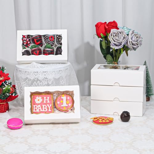 ROSPAKTEK 20pcs 7x4.3x2 Inch White Bakery Treat Boxes with Window - Christmas Valentine's Cookie, Chocolate Truffle, Strawberries & Cakesickle Gift Boxes - Image 2