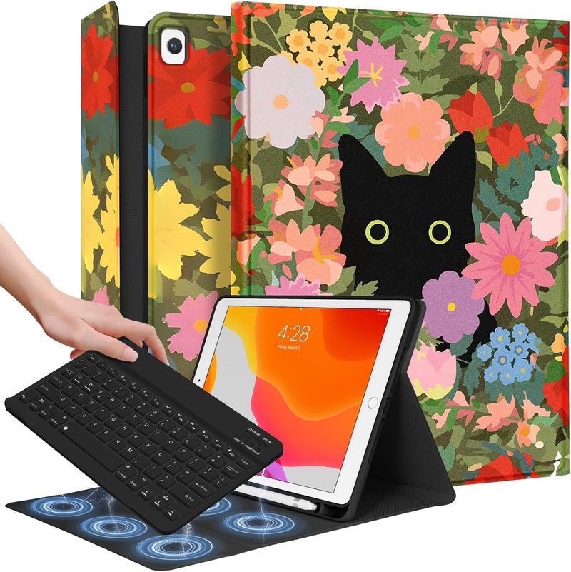 Wazzasoft for iPad 9th/8th/7th/Air 3rd Generation/Pro 10.5 Inch Case Keyboard Pencil Holder Folio Tablet Cover Women Girl Cute Girly Teen Kawaii Cat Flower Unique Design for Apple 10.2 & 10.5 Inch - Image 1