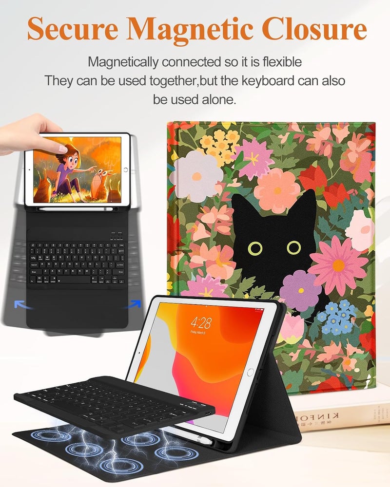Wazzasoft for iPad 9th/8th/7th/Air 3rd Generation/Pro 10.5 Inch Case Keyboard Pencil Holder Folio Tablet Cover Women Girl Cute Girly Teen Kawaii Cat Flower Unique Design for Apple 10.2 & 10.5 Inch - Image 4