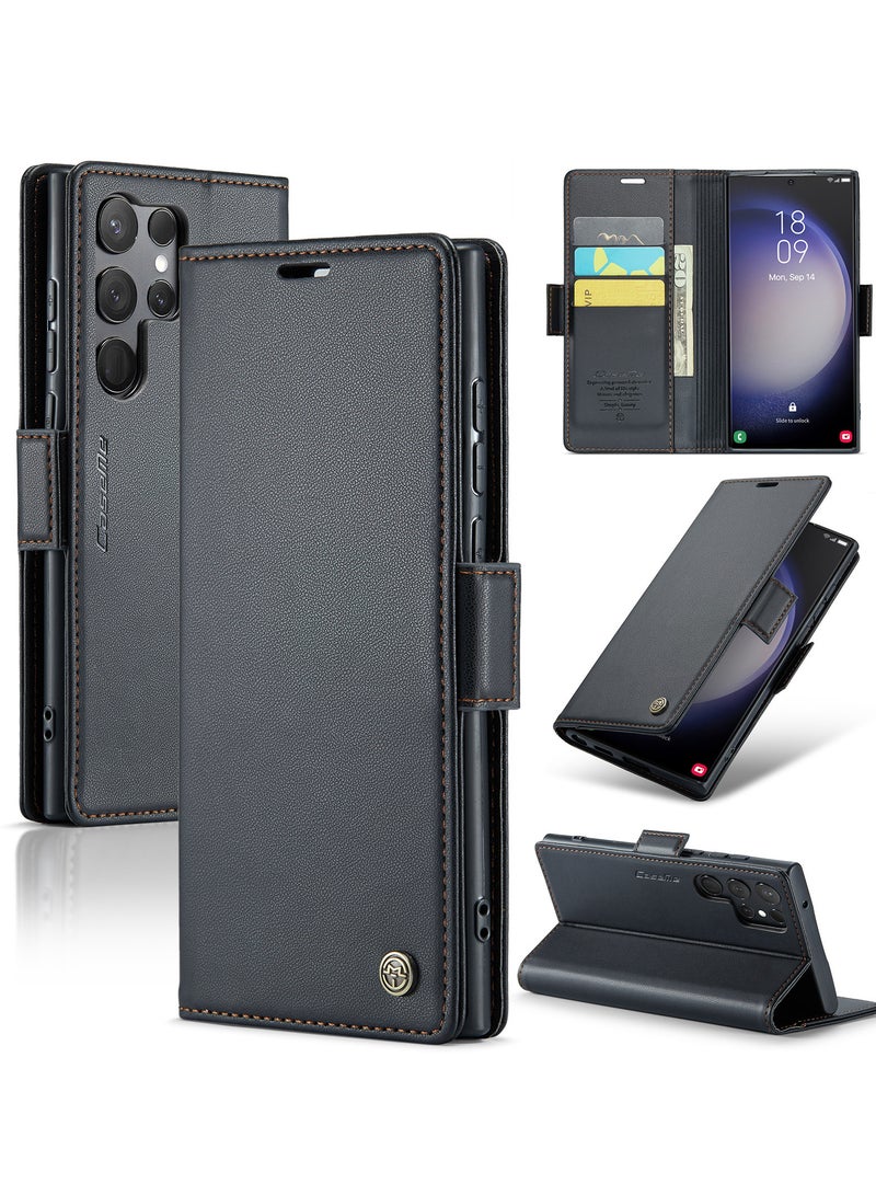 CaseMe Flip Wallet Case For Samsung Galaxy S23 Ultra, [RFID Blocking] PU Leather Wallet Flip Folio Case with Card Holder Kickstand Shockproof Phone Cover (Black) - Image 1