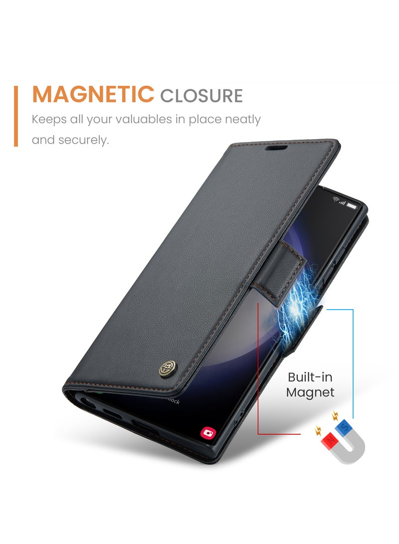 CaseMe Flip Wallet Case For Samsung Galaxy S23 Ultra, [RFID Blocking] PU Leather Wallet Flip Folio Case with Card Holder Kickstand Shockproof Phone Cover (Black) - Image 4
