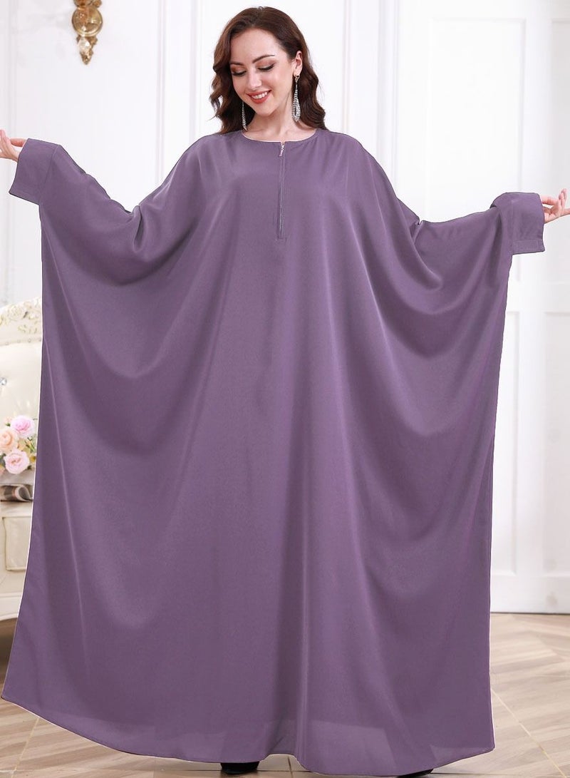 إسكدنيا Women's Casual Solid Color Long Sleeves Abaya Full Length Batwing Sleeves Dress Liturgical Clothes Muslim Light Purple 
