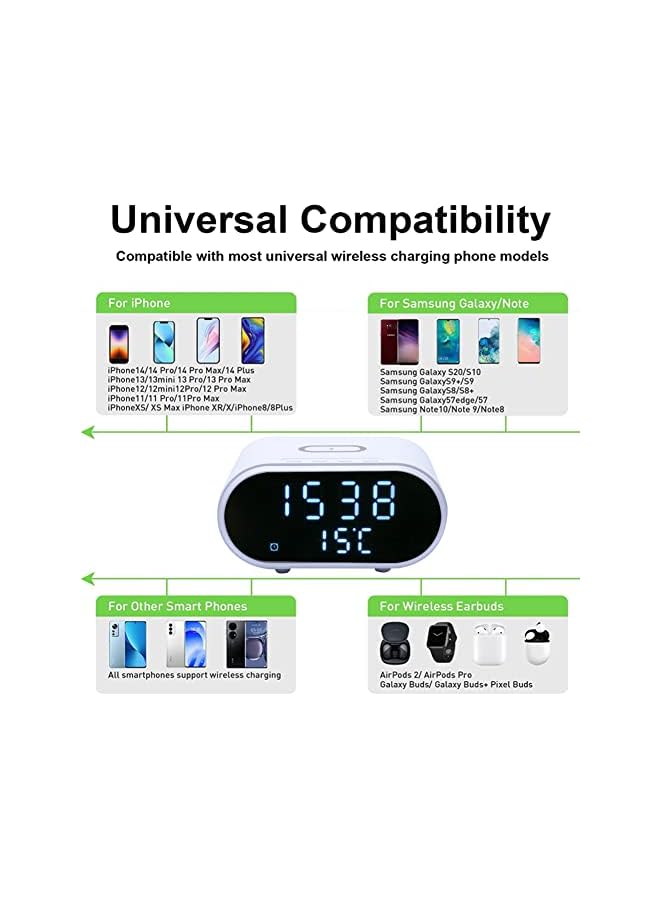 Raxoom Clock With 15W Fast Wireless Charging, Digital Alarm Clocks Bedside Mains Powered, 3 Alarms, 4 Brightness, LED Display With Time/Temperature/Date,For Bedroom, Bedside, Office - Image 2