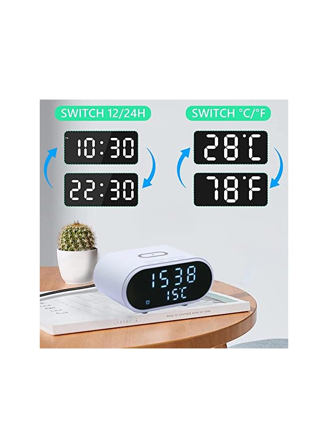 Raxoom Clock With 15W Fast Wireless Charging, Digital Alarm Clocks Bedside Mains Powered, 3 Alarms, 4 Brightness, LED Display With Time/Temperature/Date,For Bedroom, Bedside, Office - Image 3