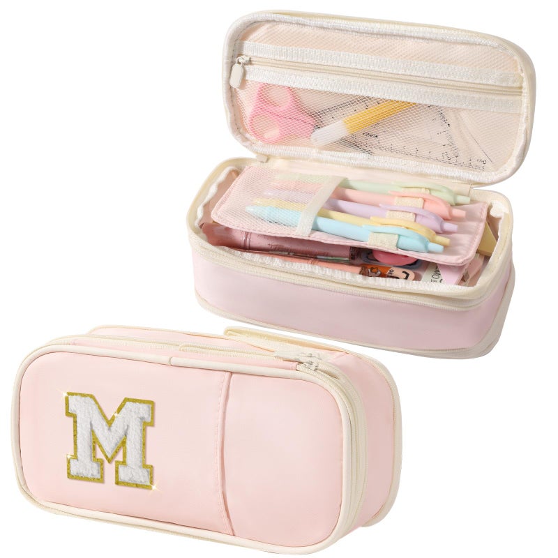 Janhavi Preppy Pencil Case for School Supplies Large Initial Pencil Pouch with Zipper Cute Pencil Bag for Office Supplies Aesthetic Birthday Gift for Kids Teen Girls Adults Pink MChenille