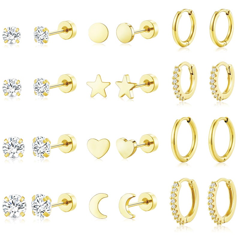 adoyi Gold Hoop Earrings Set for Women Hypoallergenic Surgical Steel Earrings for Women Sensitive Ears, 14K Gold Plated Flat Back Studs Stainless Steel Mini Hoops Earring Lightweight Jewelry - Image 1