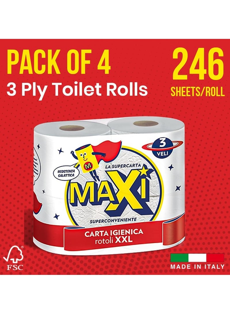 Maxi Supercarta 3-Ply Giant Tissue Paper Toilet Rolls - 4 Rolls, 246 High Absorbent Sheets per Roll - Extra Soft, Durable & Highly Absorbent Tissue - Image 2